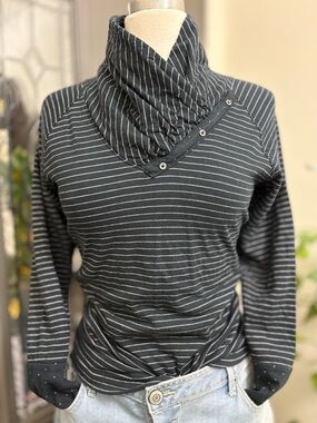 Champion Striped Cowl Neck Button Accent Top - Black & White